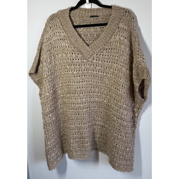 Coco + Carmen Womens Poncho Sweater OS Tan Open Knit V-Neck Minimalist Casual - Picture 1 of 11